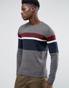 Selected Cotton Mix Sweater With Block Stripe - Gray