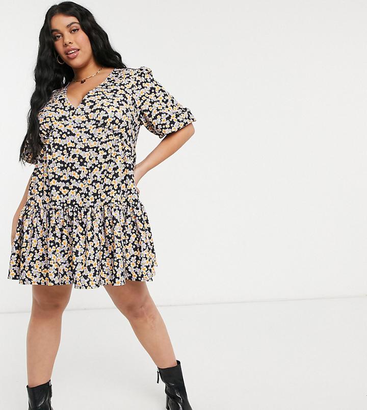 Asos Design Curve Textured Tiered Mini Dress In Purple And Orange Floral Print-multi