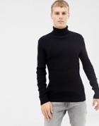 Brave Soul Muscle Fit Roll Neck Stretch Rib Sweater - Black