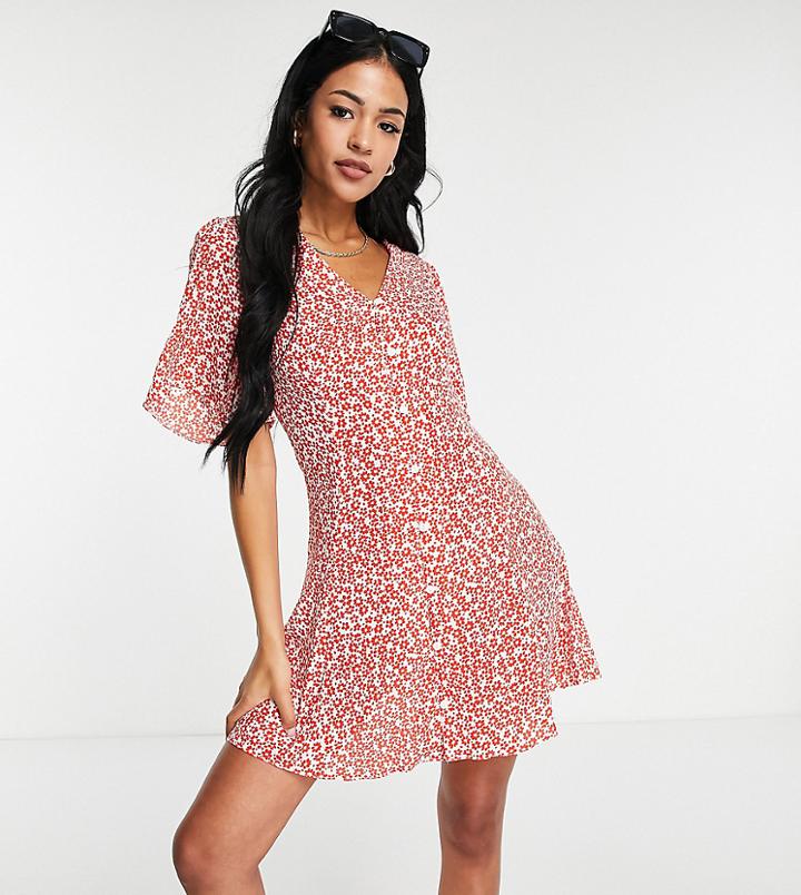Asos Design Tall Button Through Tie Back Mini Tea Dress With Angel Sleeve In Red Floral Print-multi