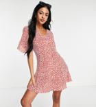 Asos Design Tall Button Through Tie Back Mini Tea Dress With Angel Sleeve In Red Floral Print-multi