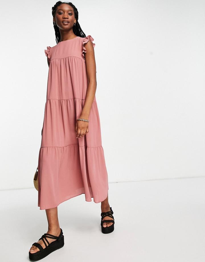 Asos Design Sleeveless Tiered Midi Dress With Frills In Pink