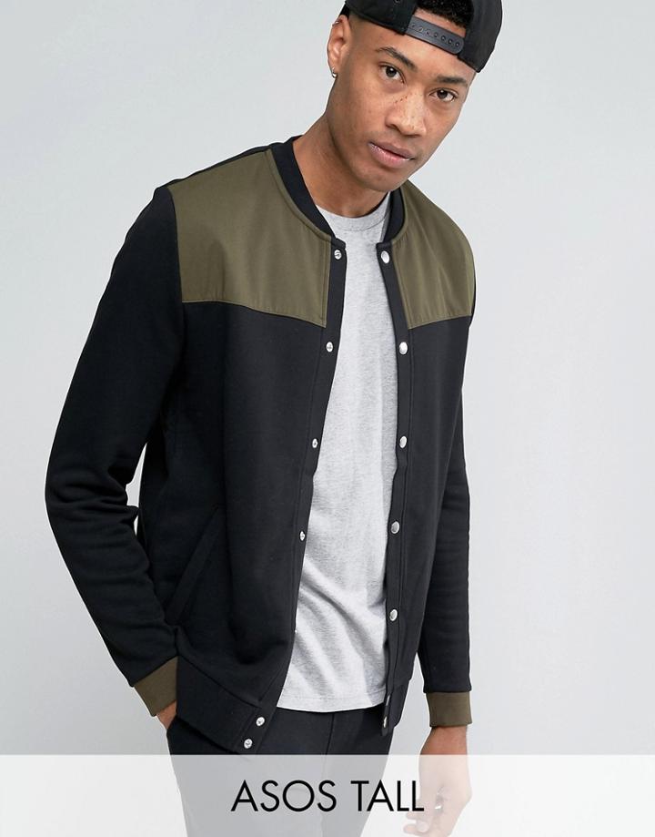 Asos Tall Jersey Bomber Jacket With Woven Panels & Snaps - Black