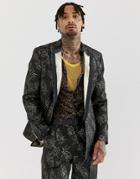 Asos Edition Slim Suit Jacket In Gold And Black Floral Jacquard - Black