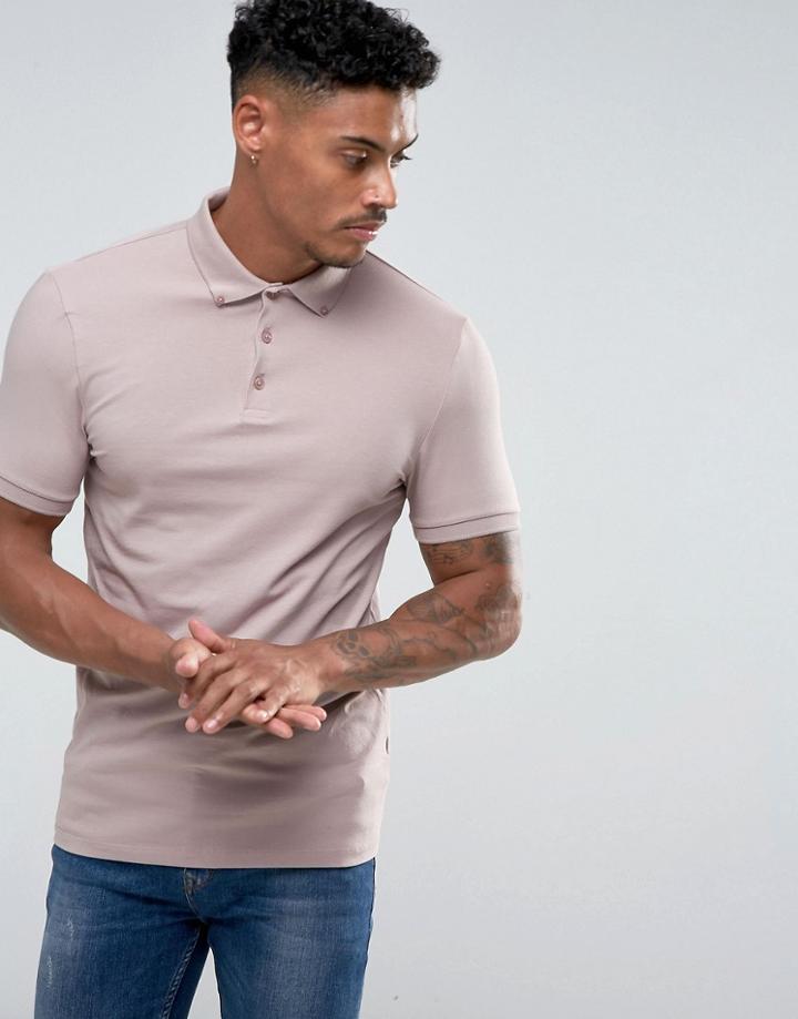 Asos Muscle Polo In Jersey With Button Down Collar In Pink - Pink