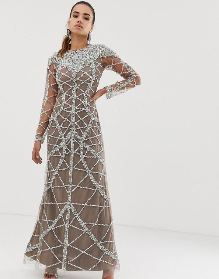 Starry Eyed Long Sleeve Embellished Maxi Dress - Silver