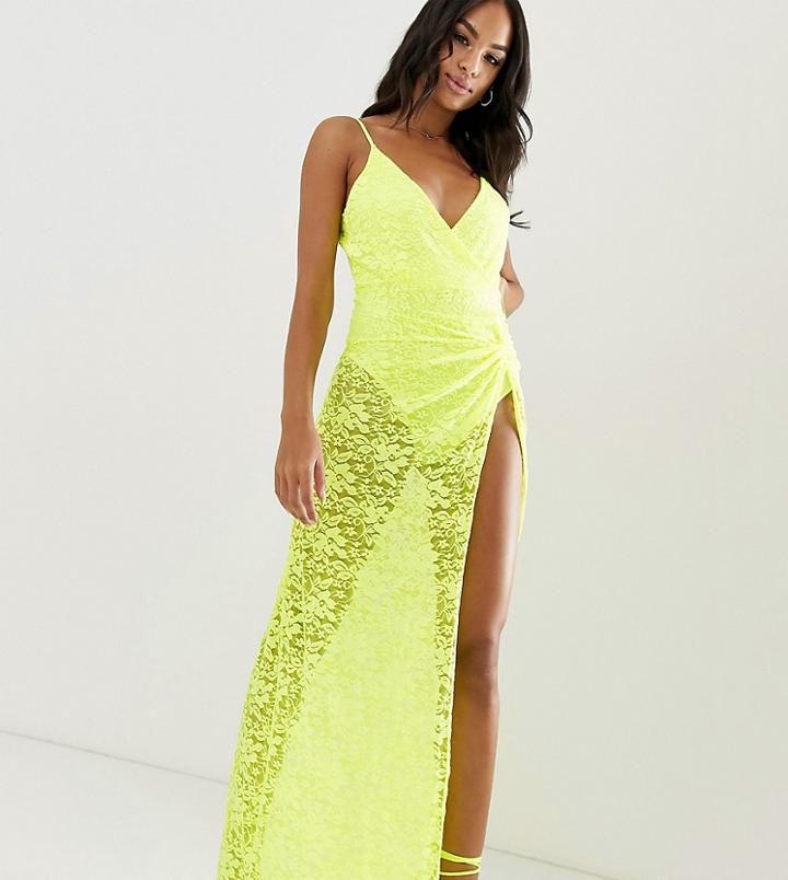 Asos Design Neon Lace Maxi Dress With Thigh High Split - Green