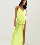 Asos Design Neon Lace Maxi Dress With Thigh High Split - Green
