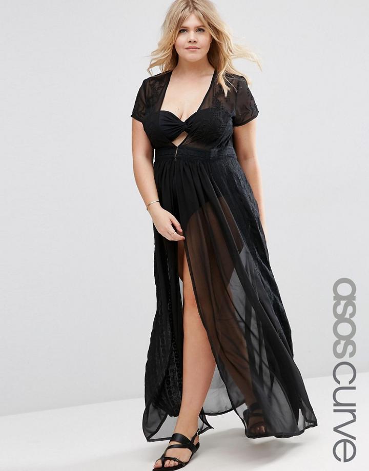 Asos Curve Pretty Embroidered Maxi Beach Kimono - Black