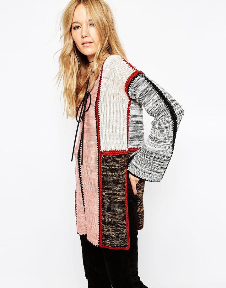 Asos Patchwork Sweater With Suedette Tie Detail - Multi