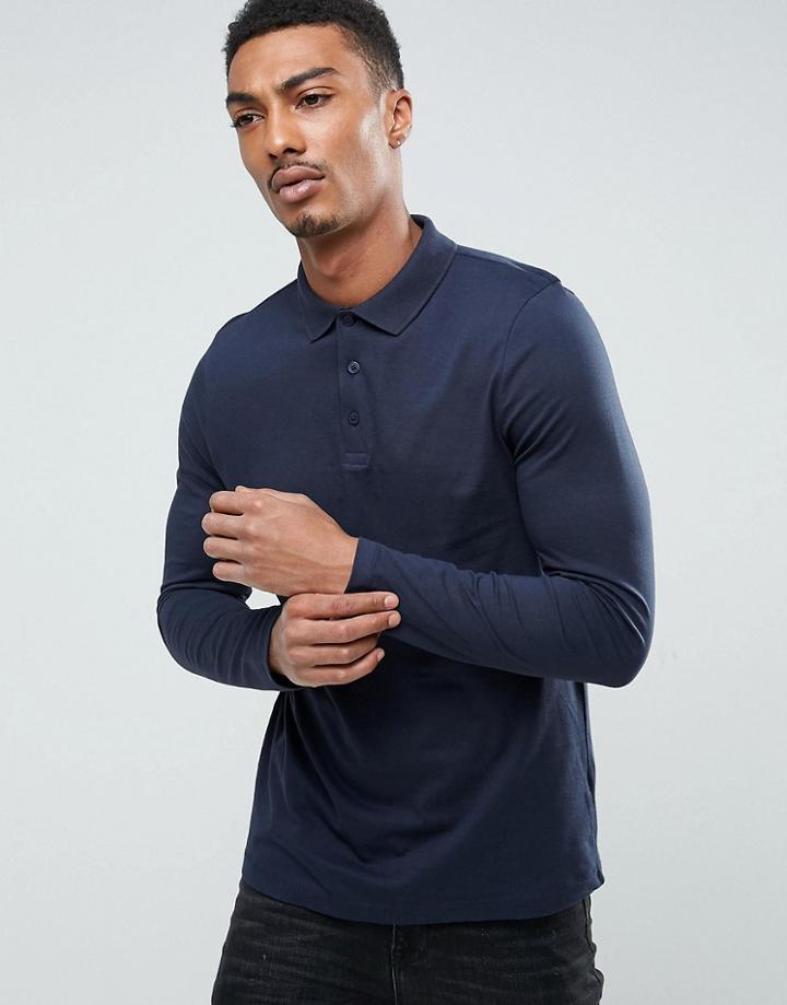 Asos Design Polo Shirt In Jersey In Navy - Navy