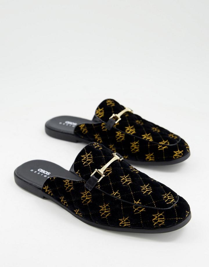 Asos Design Mule Loafer In Black Velvet With Gold Monogram Design