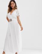Asos Design Wrap Front Maxi Dress With Buckle Belt In Self Stripe - White