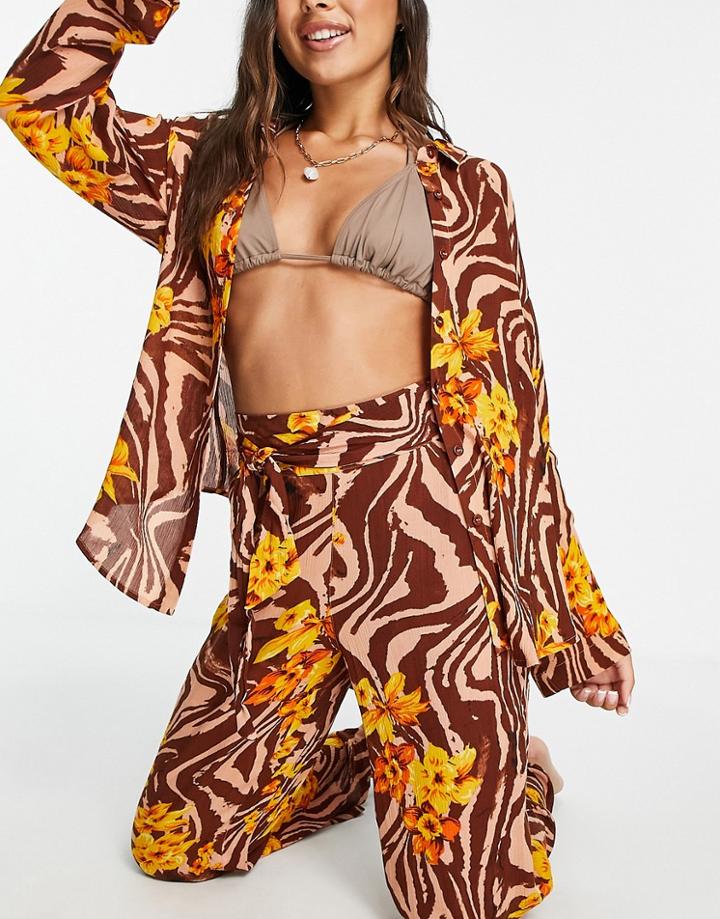Asos Design Crinkle Beach Shirt In Zebra Tropical Print - Part Of A Set-multi