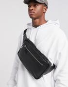 Asos Design Leather Cross Body Fanny Pack In Black With Front Zip
