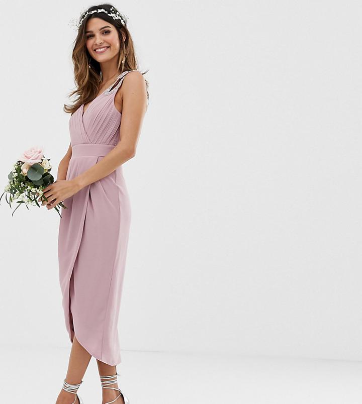 Tfnc Bridesmaid Exclusive Wrap Midi Dress In Pink-green