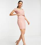 Asos Design Petite Short Sleeve Belted Seamed Mini Dress In Blush Pink-multi