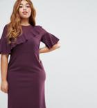 Asos Curve Wiggle Midi Dress With Woven Sheer Panel And Frill Detail - Red