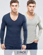 Asos Extreme Muscle Long Sleeve T-shirt With V Neck 2 Pack - Multi
