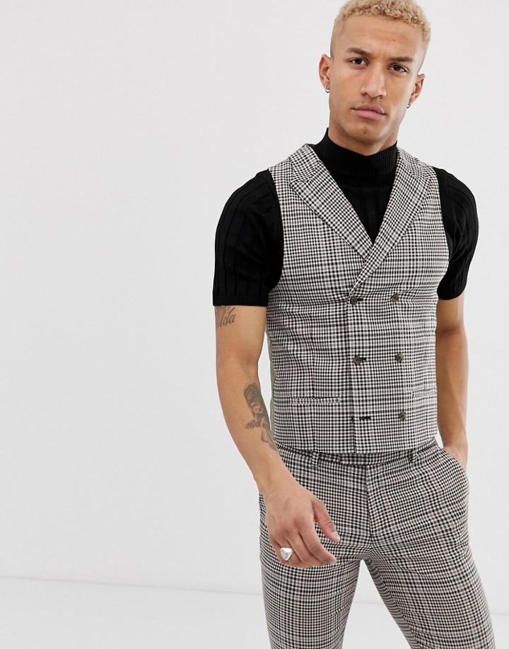 River Island Skinny Suit Vest In Brown Check - Brown