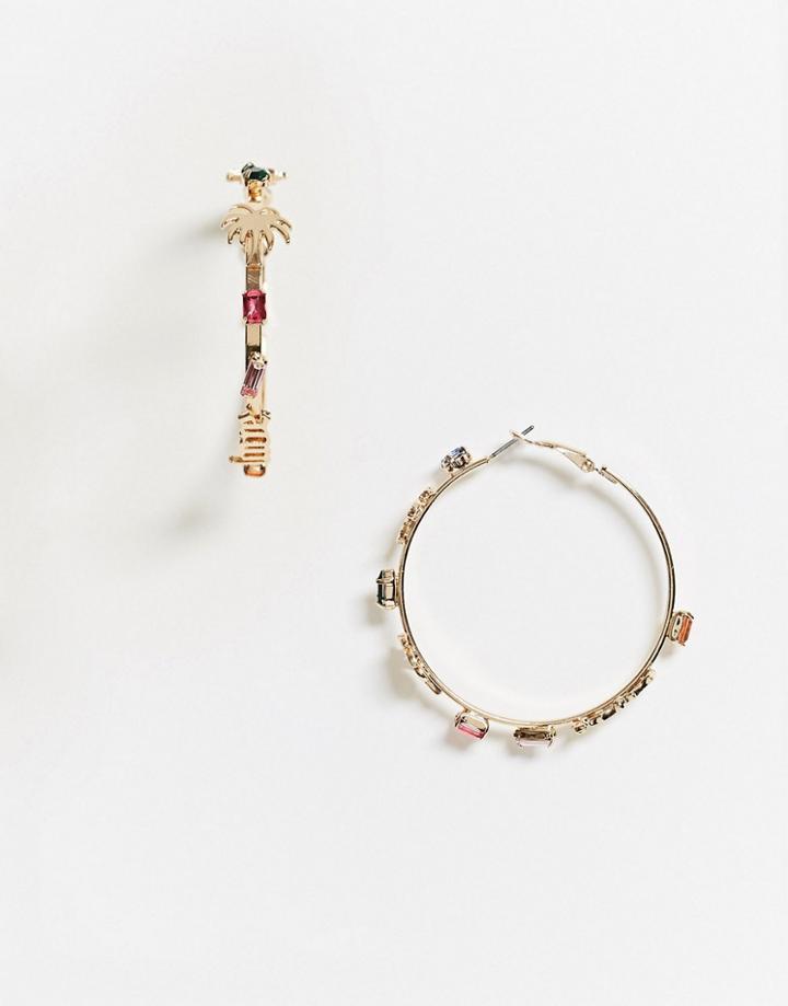 Asos Design Hoop Earrings With Gothic Font And Tropical Charms In Gold Tone