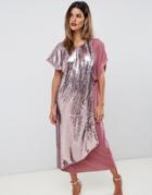 Asos Design Velvet And Sequin Mix Asymmetric Drape Midi Dress - Pink