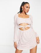 Asos Design Long Sleeve Cut Out Dress In Pink Floral Stripe