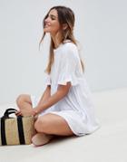 Asos Design Cotton Slubby Frill Sleeve Smock Dress-white