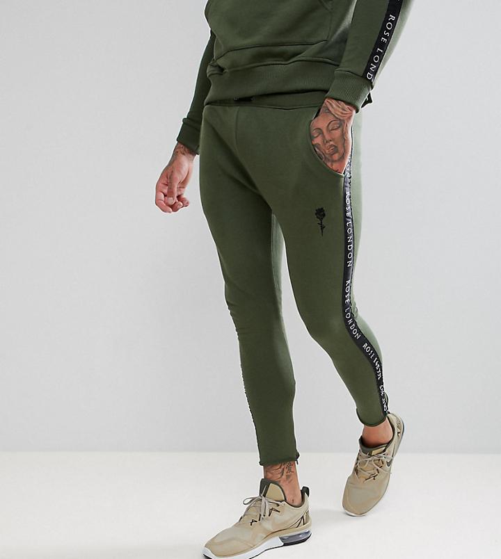 Rose London Skinny Joggers In Khaki With Side Stripes Exclusive To Asos - Green