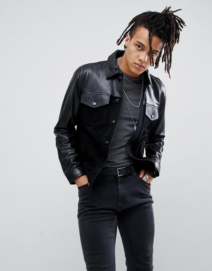 Asos Design Leather And Suede Mix Western Jacket In Black - Black