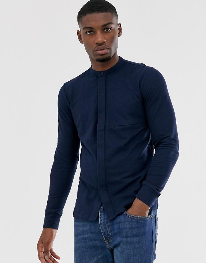 Jack & Jones Premium Grandad Collar Jersey Shirt In Navy - Navy