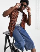 Asos Design Regular Shirt In Brown Animal Skin With Capped Sleeve