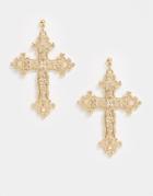 Asos Design Earrings With Engraved Cross Drop In Gold Tone