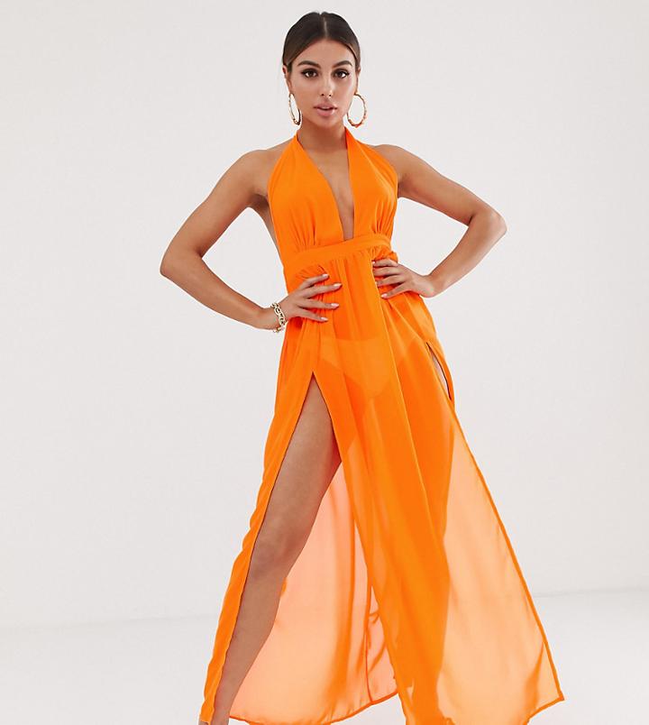 South Beach Hot Orange Double Split Beach Dress - Orange