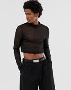 Asos Design Skinny Cropped Long Sleeve T-shirt With Stretch And Turtleneck In Fine Mesh - Black