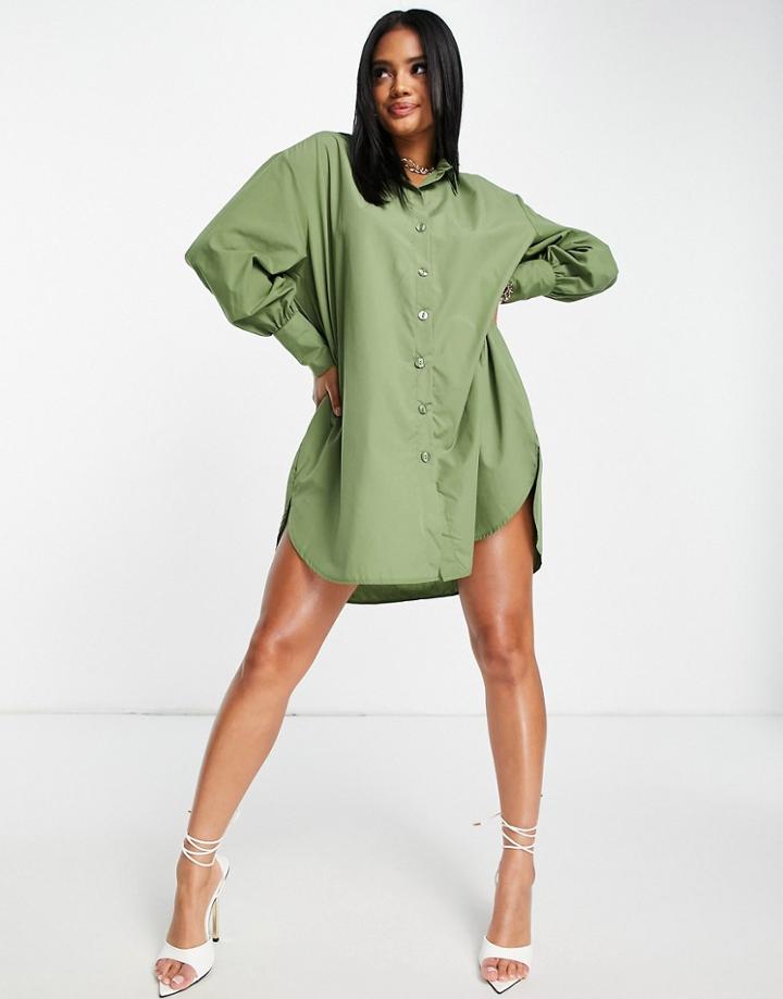 I Saw It First Woven Oversized Dip Hem Shirt Dress In Khaki-green