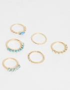 Asos Design Pack Of 6 Rings With Pearl And Blue Stones In Gold Tone