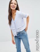 Asos Petite V Neck Collarless Blouse With Double Layer - Blue