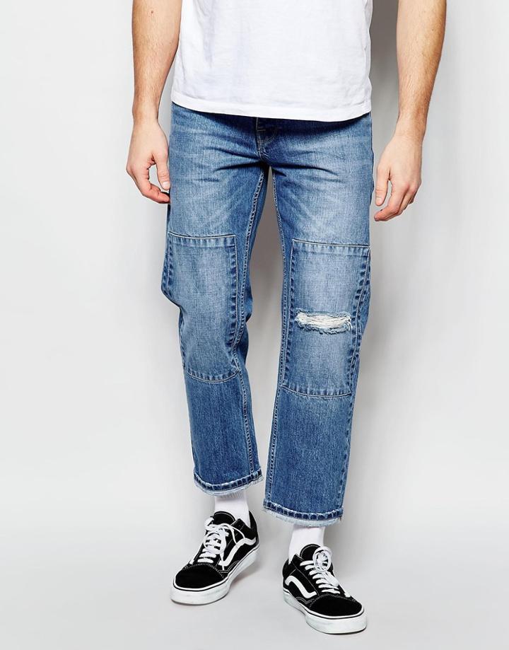 Asos Straight Jeans In Cropped Length With Patches - Mid Blue