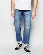 Asos Straight Jeans In Cropped Length With Patches - Mid Blue