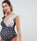 Asos Design Maternity Frill Sleeve Wrap Swimsuit In Mono Polka Dot - Multi