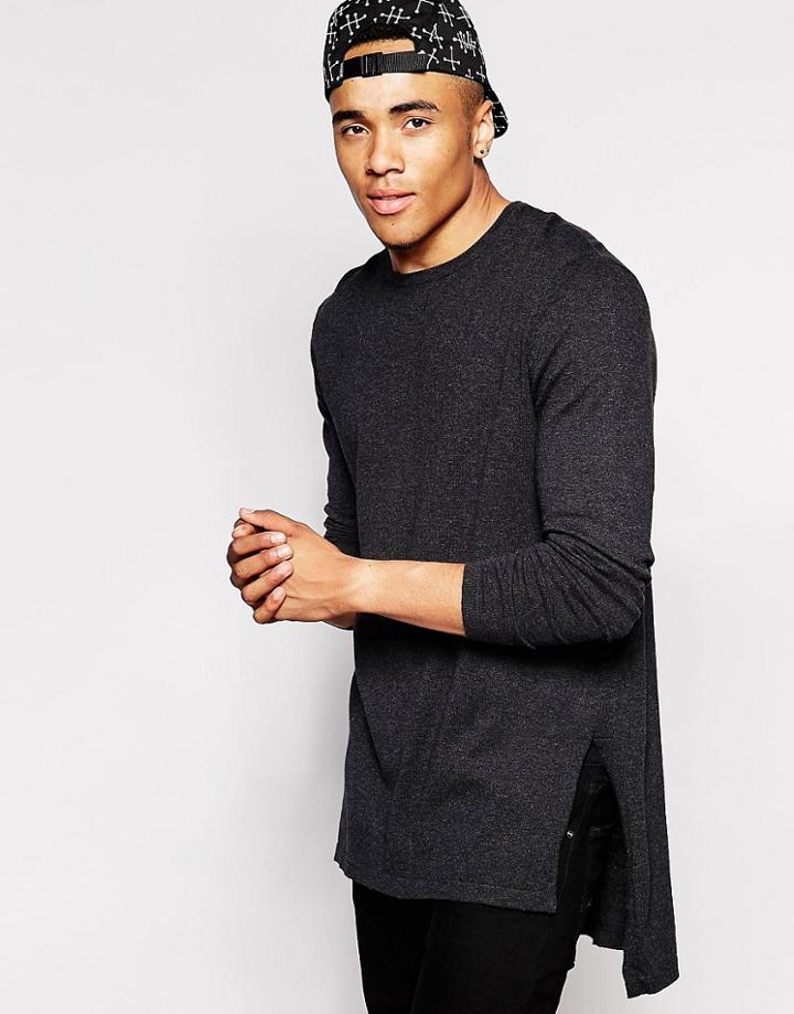 Asos Longline Side Split Sweater - Gray