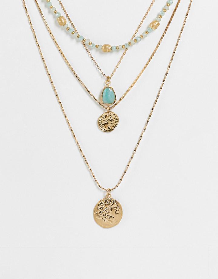 South Beach Multirow Coin And Pearl Necklace In Gold