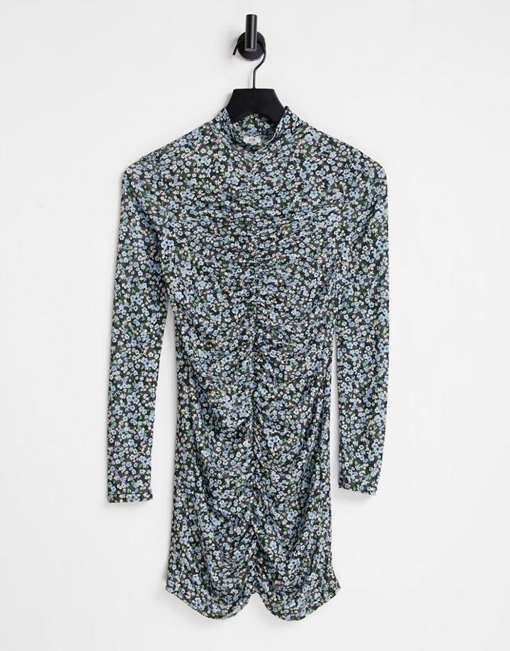 River Island Ruched Front Tunic Top In Blue Floral Print