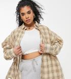 Missguided Plus Oversized Poplin Shirt With Volume Sleeve In Cream Check-white