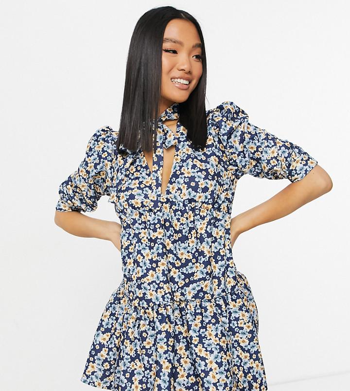 Asos Design Petite Textured Tiered Mini Dress In Floral Print-multi