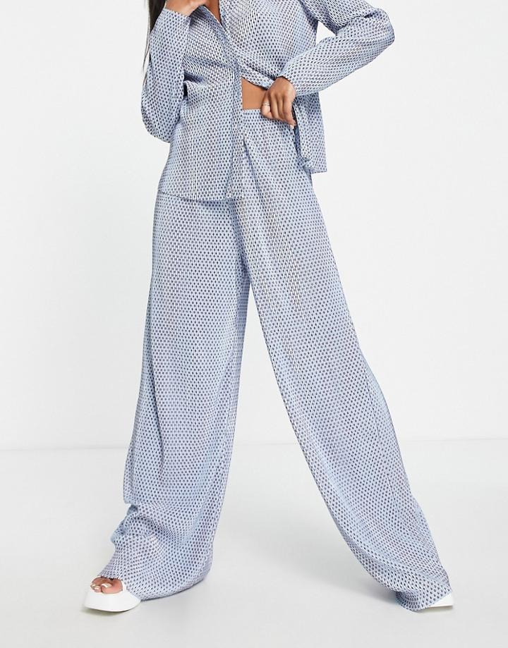 Glamorous Wide Leg Plisse Pants In Blue Spot - Part Of A Set-multi