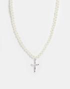 Chained And Able Pearl Cross Pendant In Silver