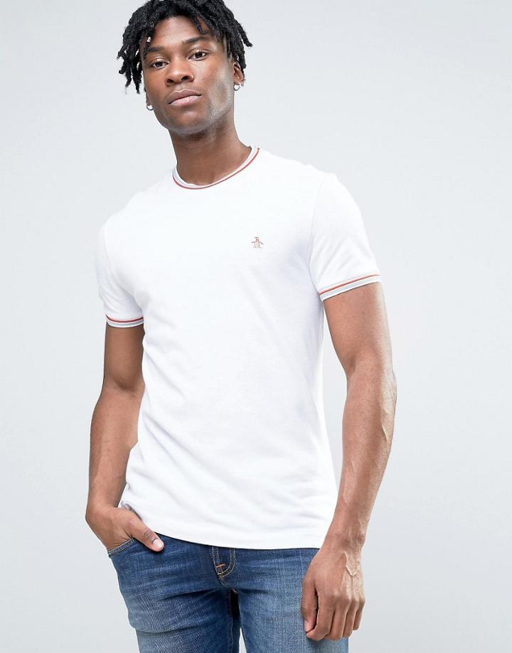 Original Penguin Pique Ringer T-shirt Tipped Slim Fit In White - White