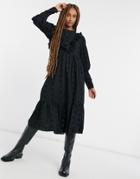 Asos Design Broderie Midi Smock Dress With Frill Detail In Black